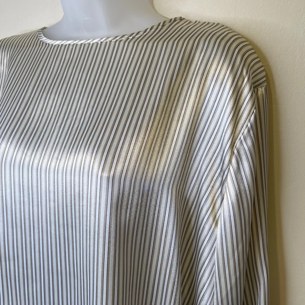 Notations | VTG Striped Shiny Silky Long Sleeve Round Neckline Charmeuse Blouse - Picture 5 of 13